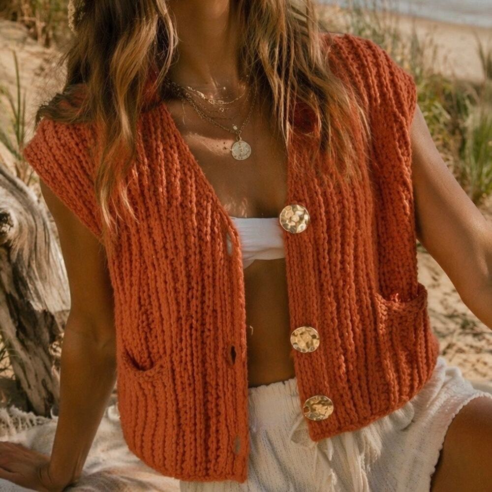 Rust Knit Vest Gold Button Boho Beach Layering Festival Top S 70s Retro